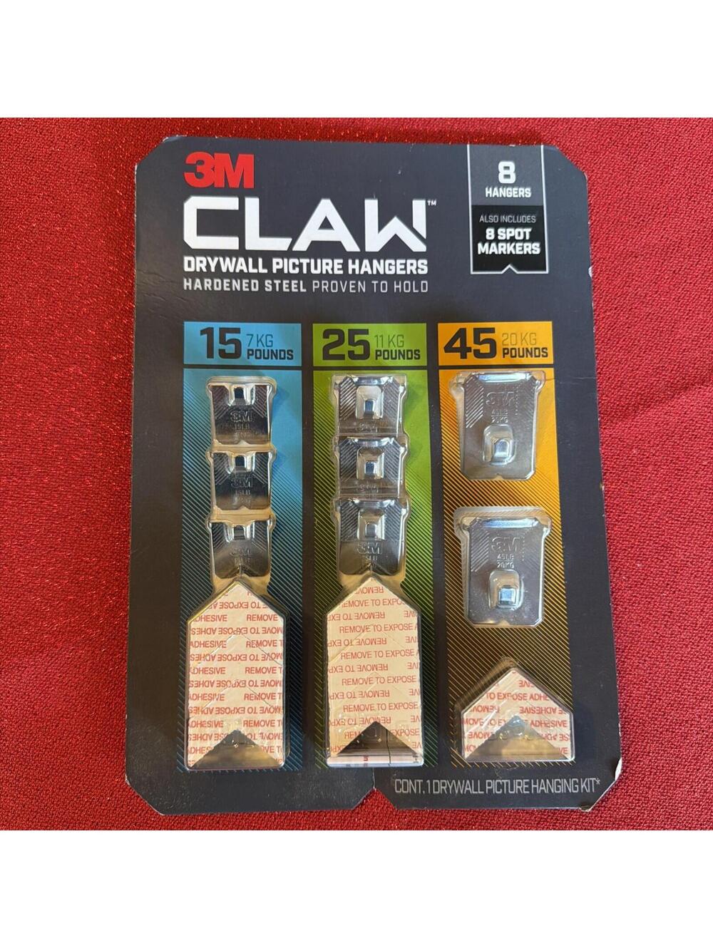 NEW 3M CLAW SET 8-Pack STEEL Drywall Picture Hangers 15/25/45 LB +8 Spot Markers